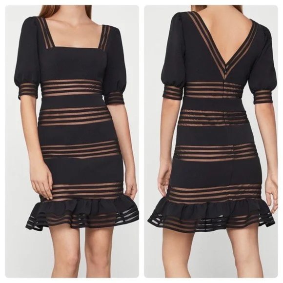 BCBGMaxAzria Dresses & Skirts - NEW* BCBGMaxAzria Black Sheer Stripes Puff Sleeves Dress Size 10 $298